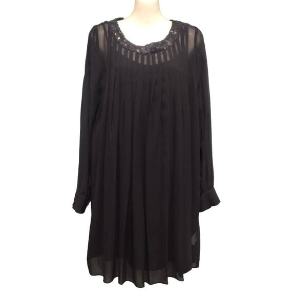 Theory Silk Long Sleeve Babydoll Dress, Sequin Neck, Sheer Sleeves, Blk, Sz 10 - Picture 1 of 7
